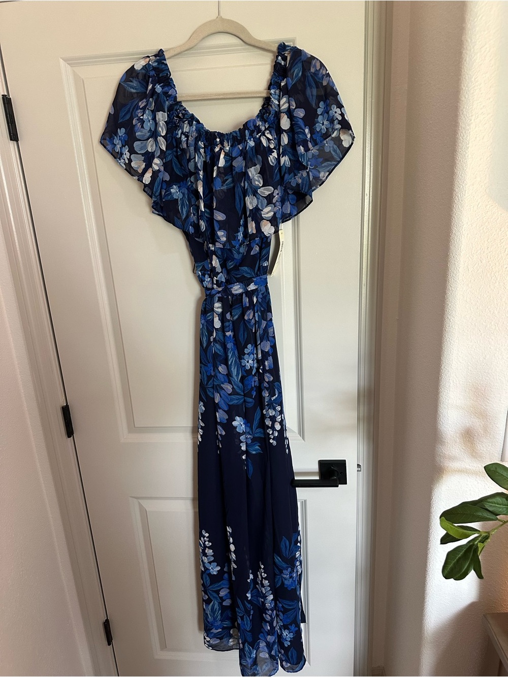 Eliza J Navy Blue and Light Blue Floral Off-Shoulder Maxi Dress